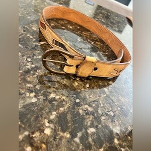 Leather/cowhide belt with colorful western stripes. 32 inches